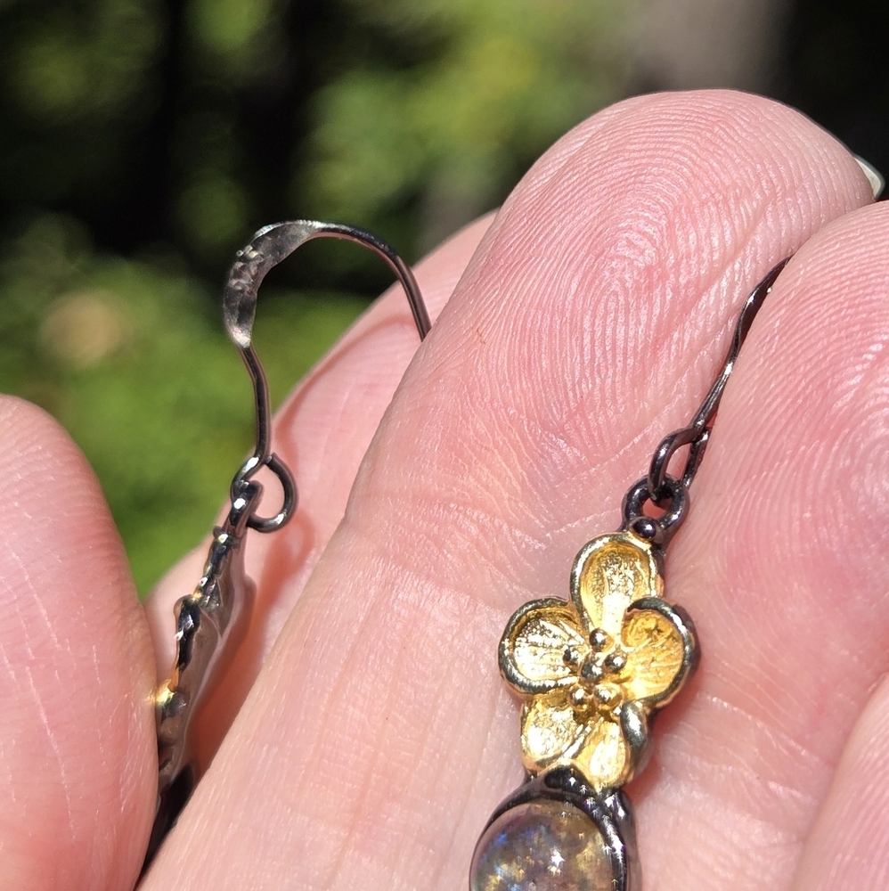 Laboradorite 1k Natural Sterling Rhodium & Gold Cherry Blossom Earrings - Picture 9 of 10